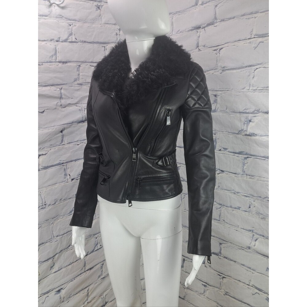 Burberry Women's Lamb Leather Jacket Black Shearling Double Breasted Italy 2 US